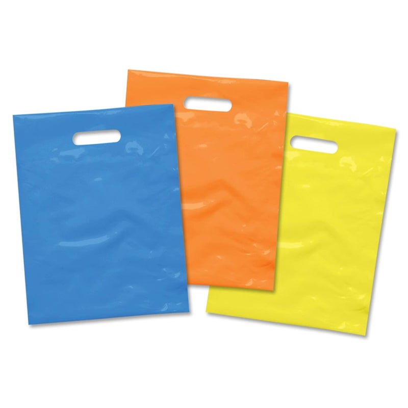 Plastic Merchandise Bag with Die Cut Handle, 9" x 12" Size, 2 Mil Bag, 100 Pack, Assorted Colors